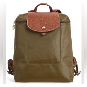 Longchamp Le Pliage Nylon Backpack Khaki Brown Leather Trim Paris Bag